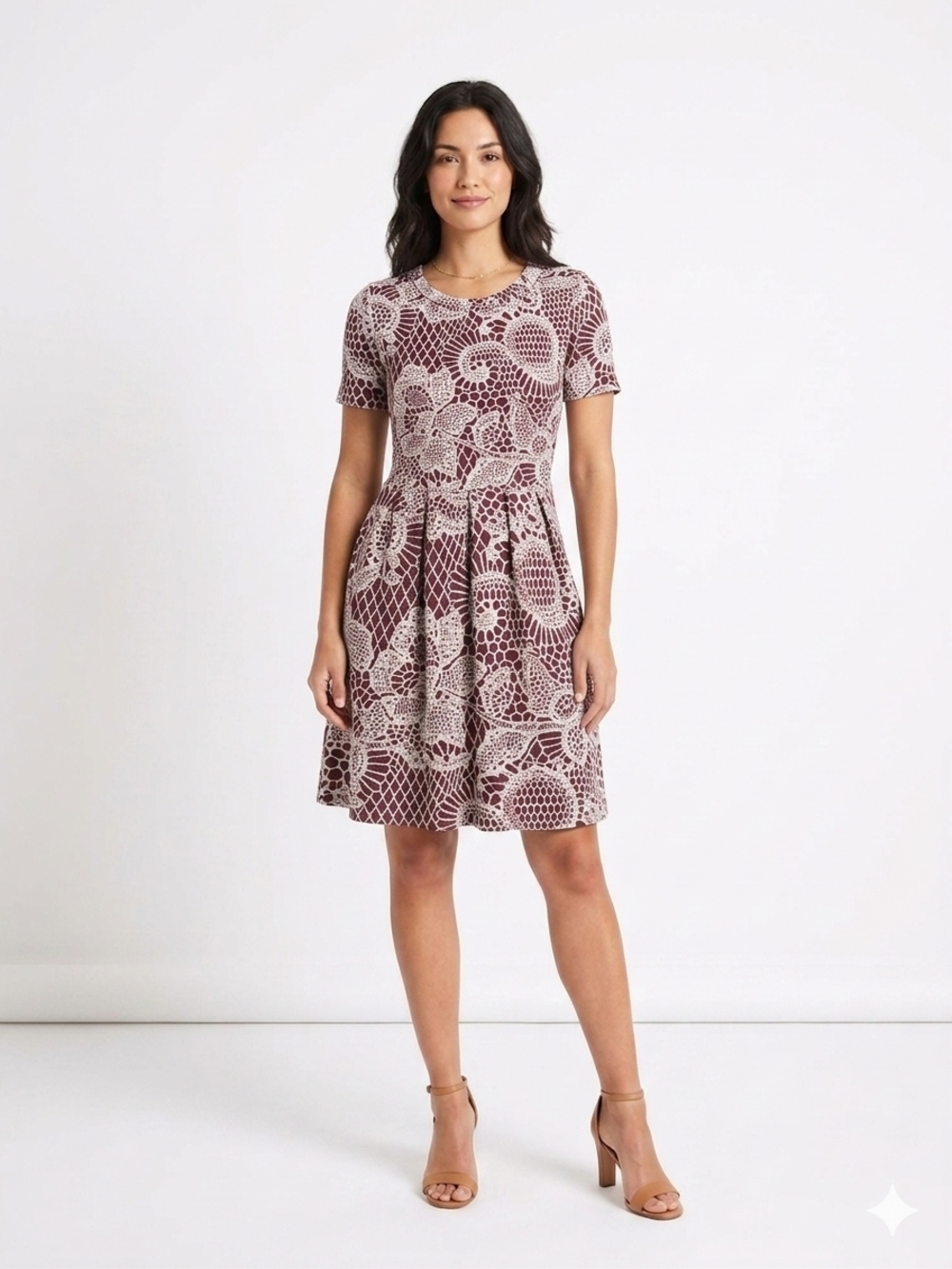Women's Short Sleeve Burgundy Lace-Print Fit & Flare Dress